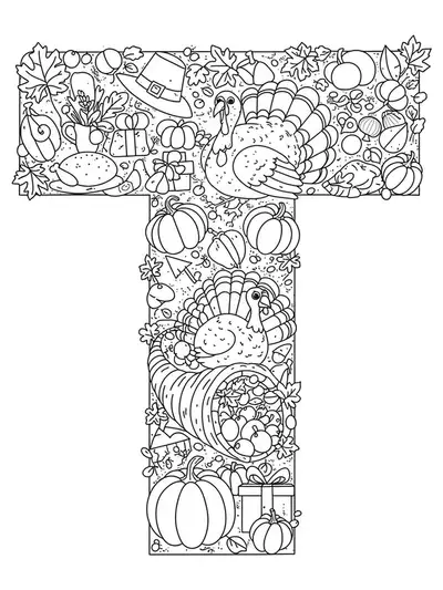 Letter T with Thanksgiving food, turkeys, pumpkins, and autumn leaves