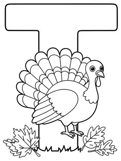 A large letter T with a simple cartoon turkey beside it, surrounded by autumn leaves.