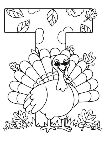 Letter T coloring page with a turkey and leaves for Thanksgiving.