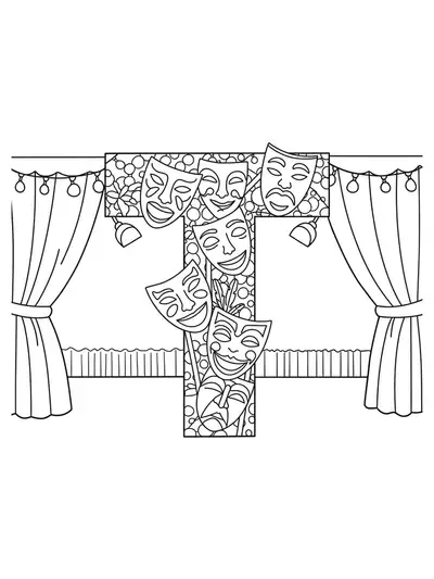 Black and white line art of the letter T with theater masks, stage curtains, and spotlights, medium complexity for teens.