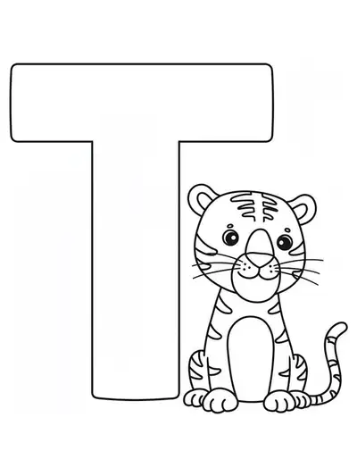 Coloring page with a large letter T and a simple, smiling tiger for preschool children.