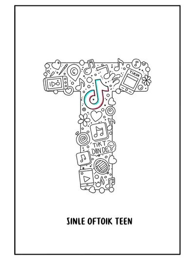 Black and white line art of the letter T with TikTok-inspired patterns, music notes, and app icons, medium complexity for teens.