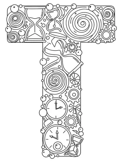 Black and white line art of the letter T with hourglasses, clocks, gears, and time portals, medium detail for teens.