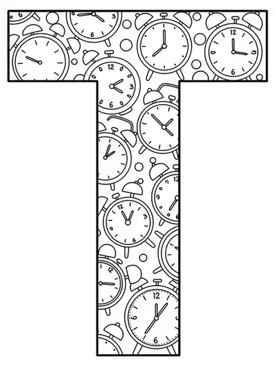 Letter T with easy outlines of various clocks