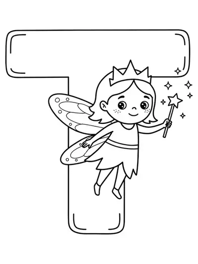 Large letter T with a smiling tooth fairy holding a tooth and a magic wand.