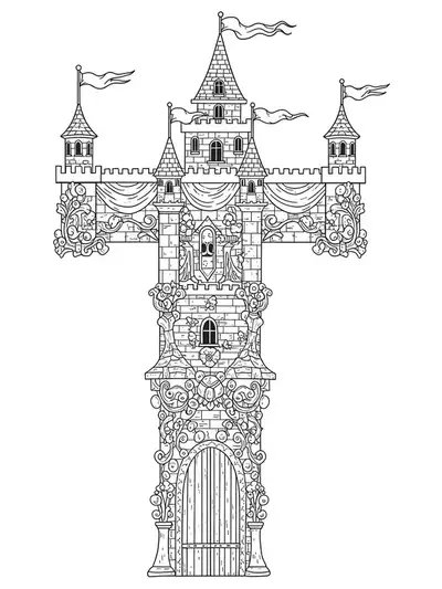 Letter T incorporated in a detailed castle with towers, flags, and fantasy decorations for preschool coloring.
