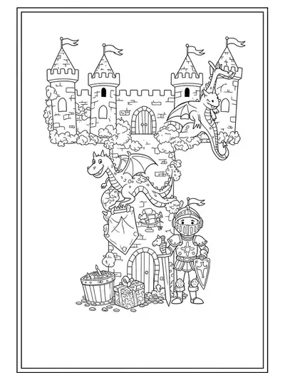 Letter T with castle towers, dragons, knights, and treasure