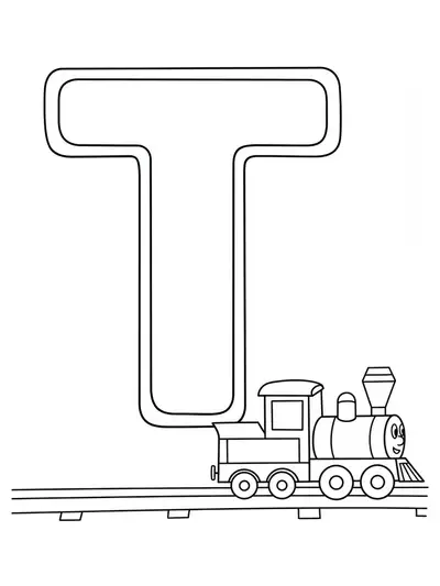 Easy coloring page depicting a large letter T and a simple toy train, suitable for preschoolers.
