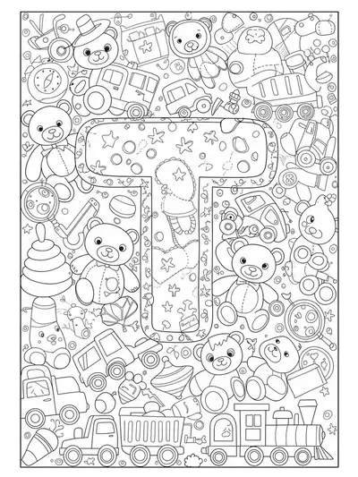 Letter T coloring page filled with intricate drawings of teddy bears, toy trucks, and toys for preschool children.
