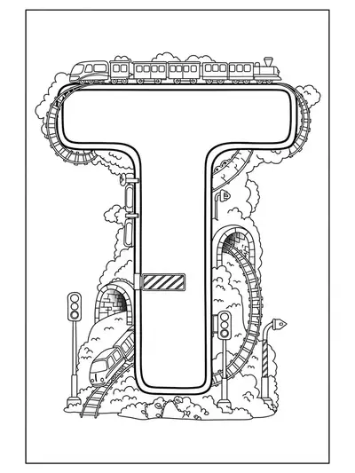 Letter T with trains, tracks, tunnels, and traffic lights