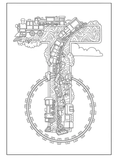 Intricate letter T coloring page with trains and railroad tracks, filled with detailed patterns, for preschool kids.