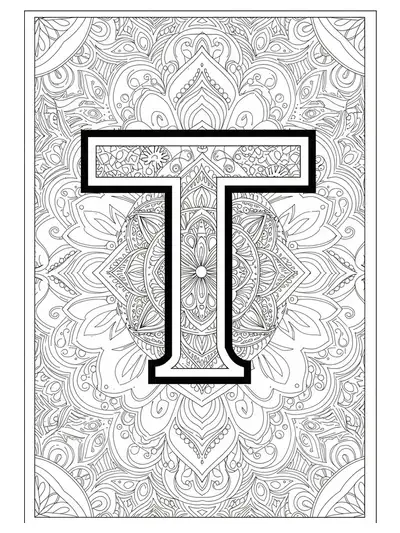 Easy mandala Letter T coloring page for adults with simple patterns