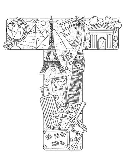 Letter T surrounded by famous global landmarks and a globe, medium detail for adult coloring.