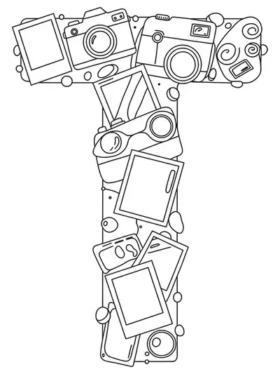 Easy coloring page of the letter T with travel photography elements like cameras and photo frames for teens.