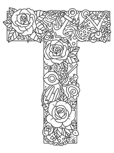 Black and white line art of the letter T surrounded by tattoo-style elements like roses, anchors, and symbols, medium complexity for teens.