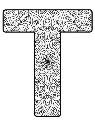 Easy coloring page of the letter T with minimalist mandala patterns for teens.