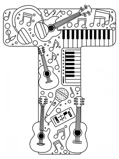 Easy coloring page of the letter T with music notes, headphones, microphones, and guitars for teens.
