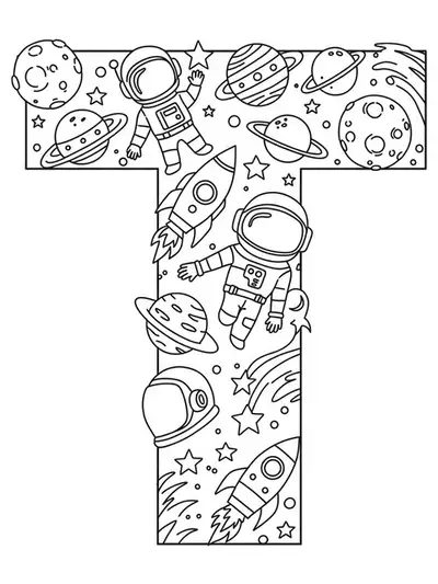 Easy coloring page of the letter T with space exploration icons like rockets, planets, and astronaut helmets for teens.