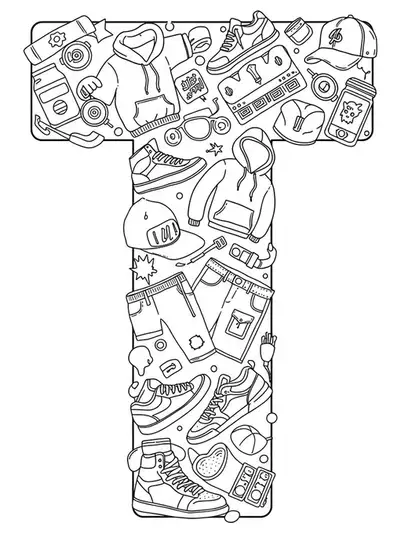 Black and white line art of the letter T adorned with street fashion items like sneakers, hoodies, and caps, medium complexity for teens.