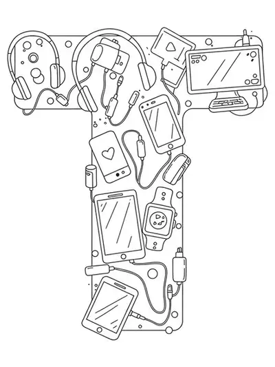 Easy coloring page of the letter T decorated with simple outlines of trendy tech gadgets like headphones and smartphones for teens.
