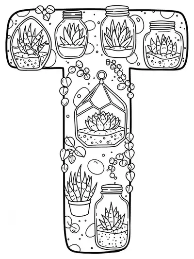 Black and white line art of the letter T with terrariums, succulents, and decorative plants, medium complexity for teens.