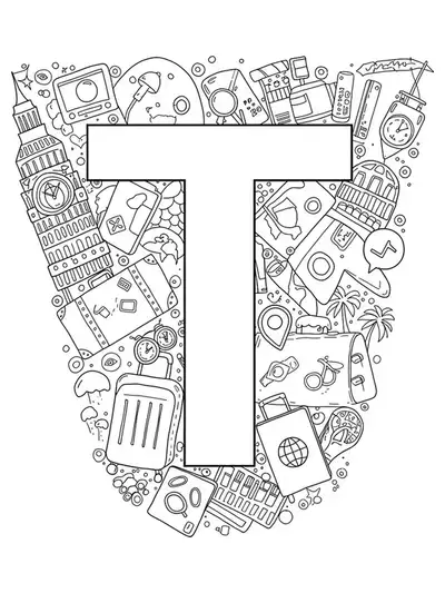 Black and white line art of the letter T with famous landmarks, suitcases, and travel icons, medium detail for teens.