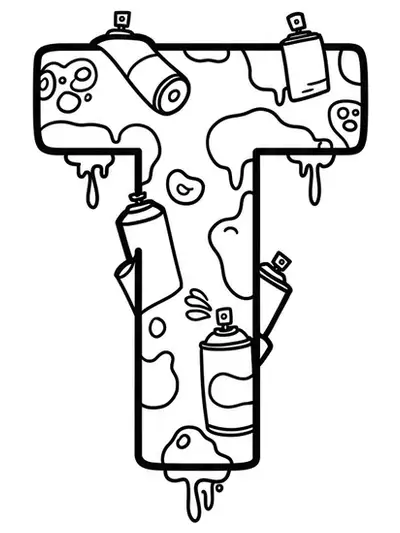 Easy coloring page of the letter T with urban street art elements like graffiti, spray cans, and bold lines for teens.