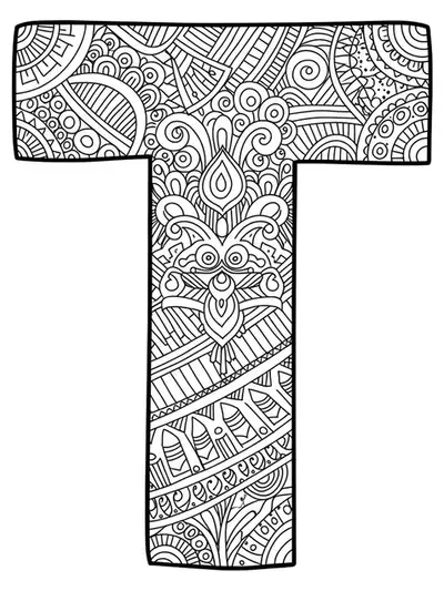Letter T decorated with tribal patterns, geometric motifs, and symmetrical designs, medium detail for adults.