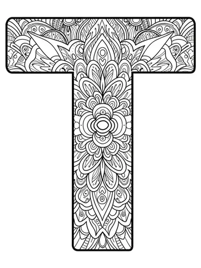 Intricate letter T filled with complex tribal tattoo patterns in detailed line art for adults to color.
