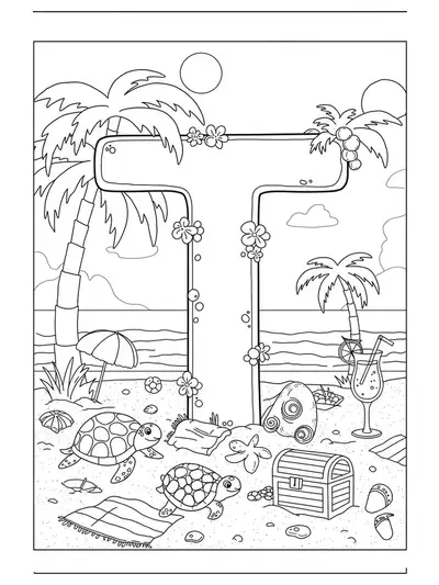 Letter T with palm trees, turtles, towels, and treasure on a beach