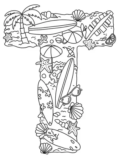 Easy coloring page of the letter T with tropical beach elements like palm trees, surfboards, and seashells for teens.