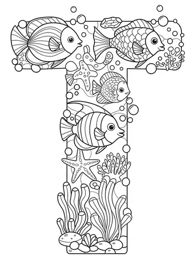 Letter T surrounded by tropical fish and aquatic plants, with medium intricacy for adults.