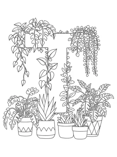 Letter T surrounded by houseplant leaves and decorative pots, medium detail for adult coloring.