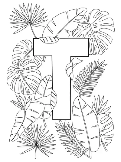 Letter T surrounded by easy tropical leaf outlines