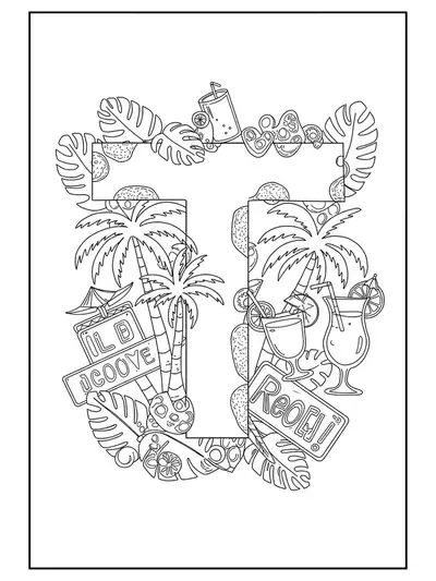 Black and white line art of the letter T with palm trees, neon lights, and tropical drinks, medium detail for teens.