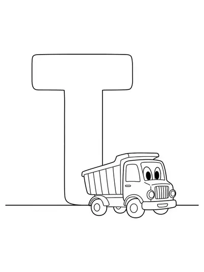 Simple coloring page with a big letter T and a smiling truck, easy for preschool children.