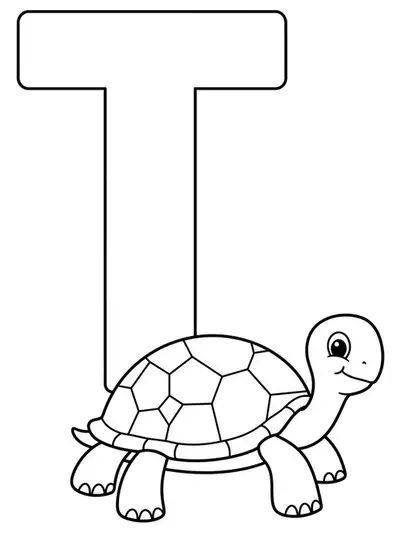 Large letter T next to a smiling simple turtle, easy shapes for preschool coloring.