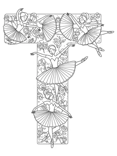 Letter T coloring page with detailed twirling dancers, tutus, and dance accessories for preschool kids.