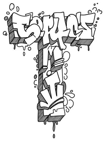Black and white line art of the letter T with graffiti-style lettering, dynamic lines, and splashes, medium complexity for teens.