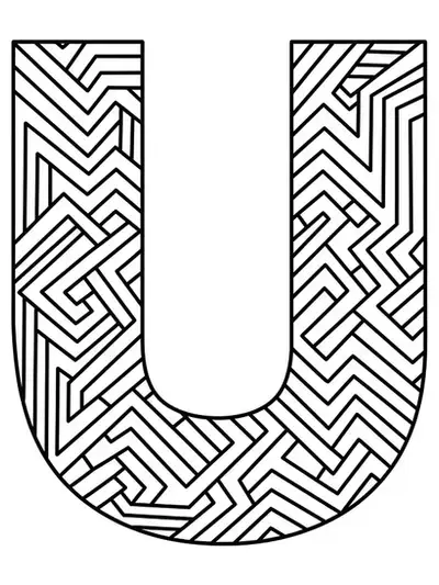 Optical illusion coloring page with letter U and intricate abstract patterns.