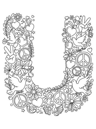 Letter U surrounded by peace signs, doves, and olive branches in easy, bold outlines.