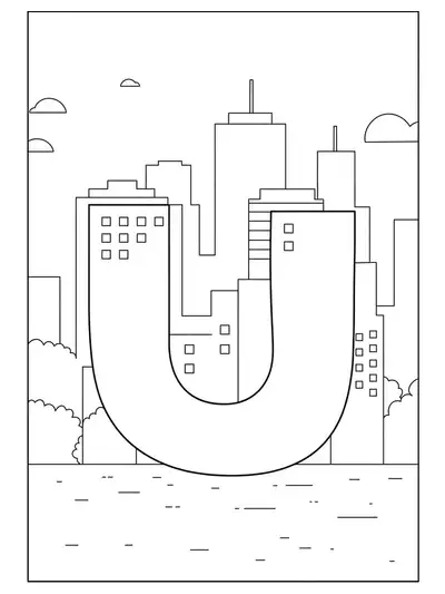 Letter U in front of simple outlined city buildings creating an easy urban skyline coloring page.