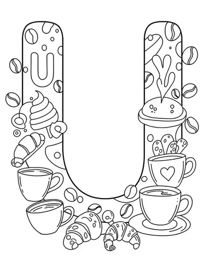 Letter U next to easy-outlined coffee cups and pastries in an urban café setting.