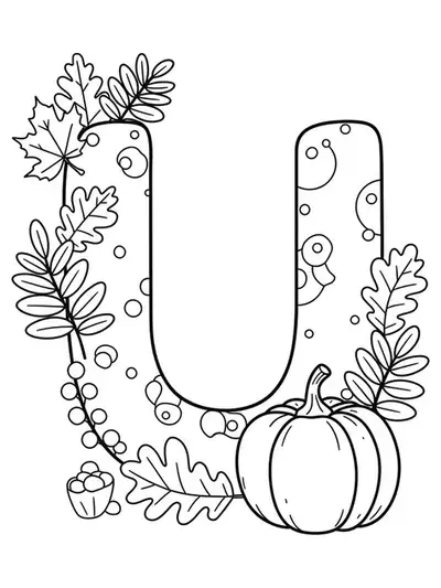 Large letter U with autumn leaves and a simple pumpkin outline for preschool coloring.