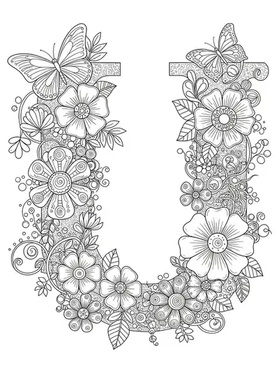 Letter U surrounded by detailed flowers, leaves, vines, and butterflies.