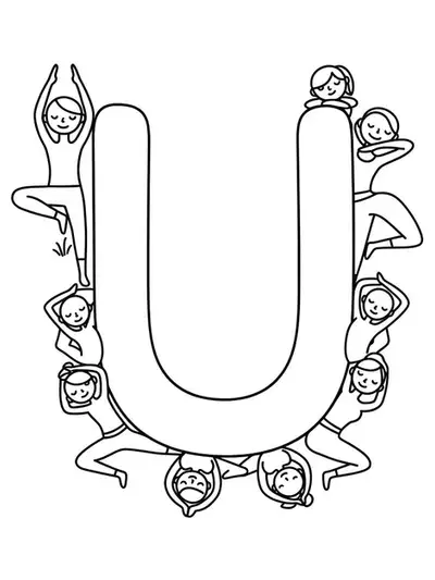 Letter U with easy, outlined figures in yoga poses around it in a simple coloring design.