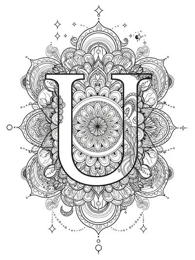 Complex letter U mandala coloring page with geometric and celestial patterns.