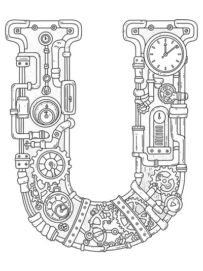 Intricate letter U steampunk coloring page with gears, pipes, and mechanical details.