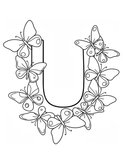 Letter U surrounded by several easily outlined, large butterflies on a simple coloring page.