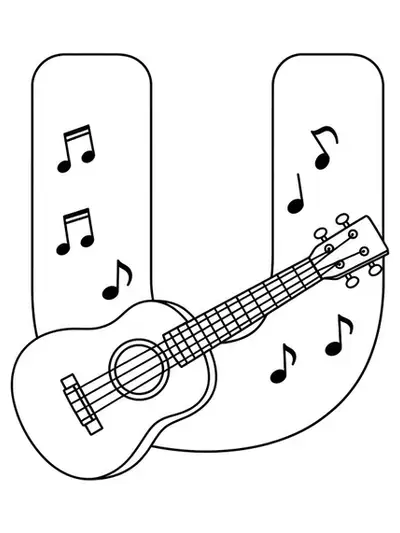 Large letter U with a simple ukulele and music notes for preschool coloring.